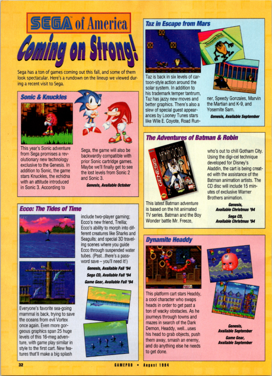 SEGA of America 1994 GamePro Magazine Ad Sonic Batman Ecco Taz Dynamite Headdy