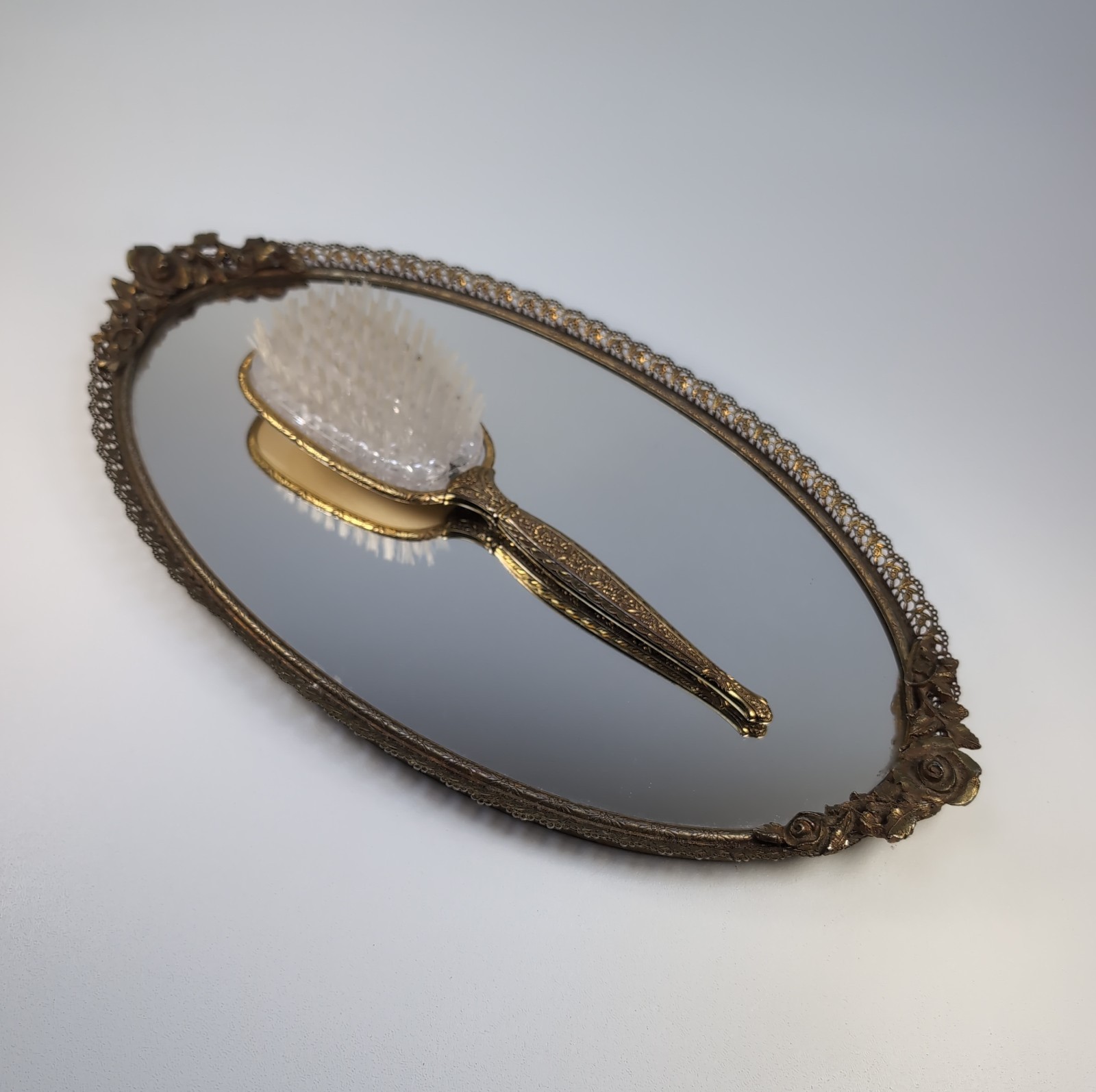 VTG 1950s Hair Brush & Oval Vanity Mirror Rose Gold Brass Ornate Floral Regency