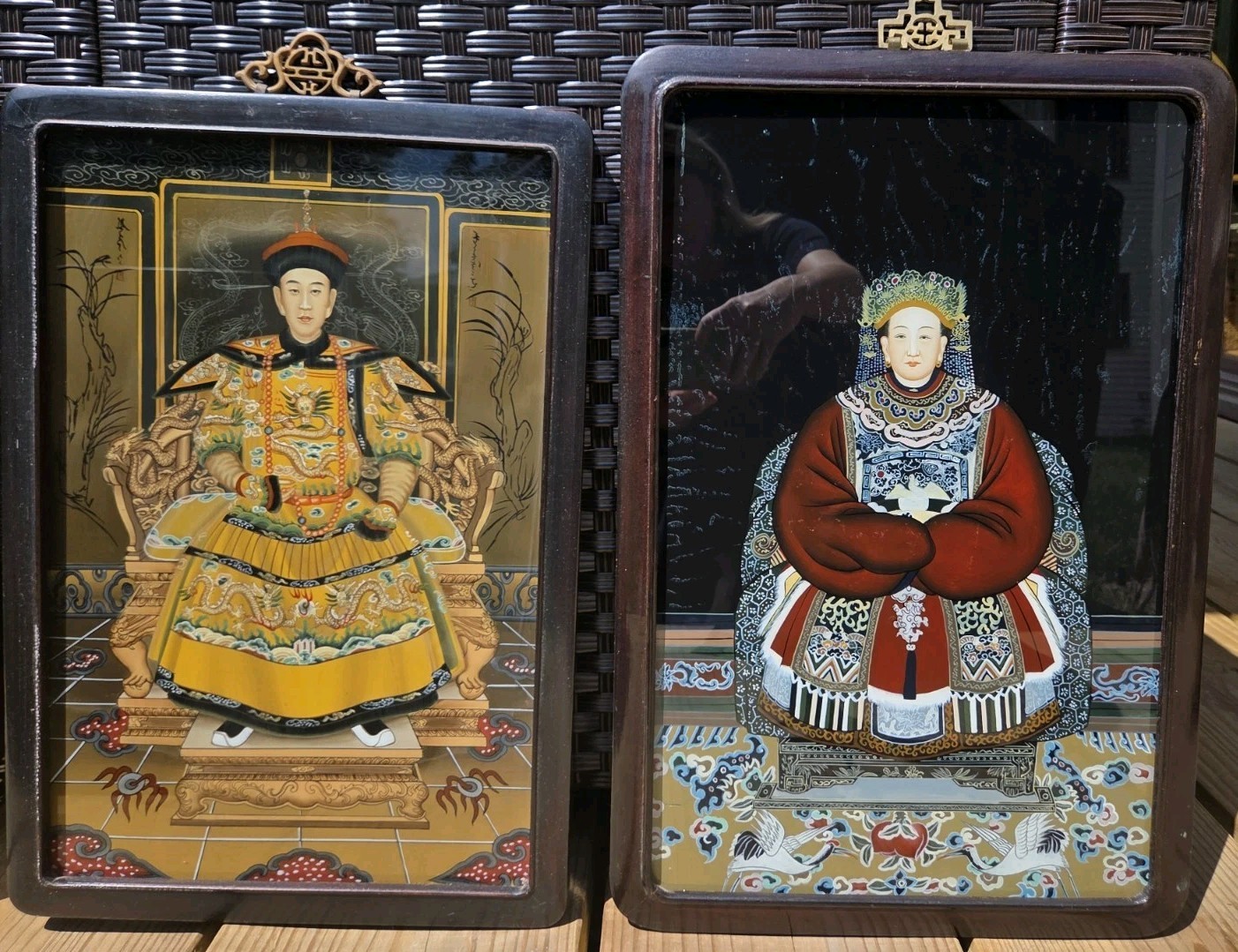 Vintage Chinese Emperor Empress Reverse Glass Painting Pair Asian Wall Art