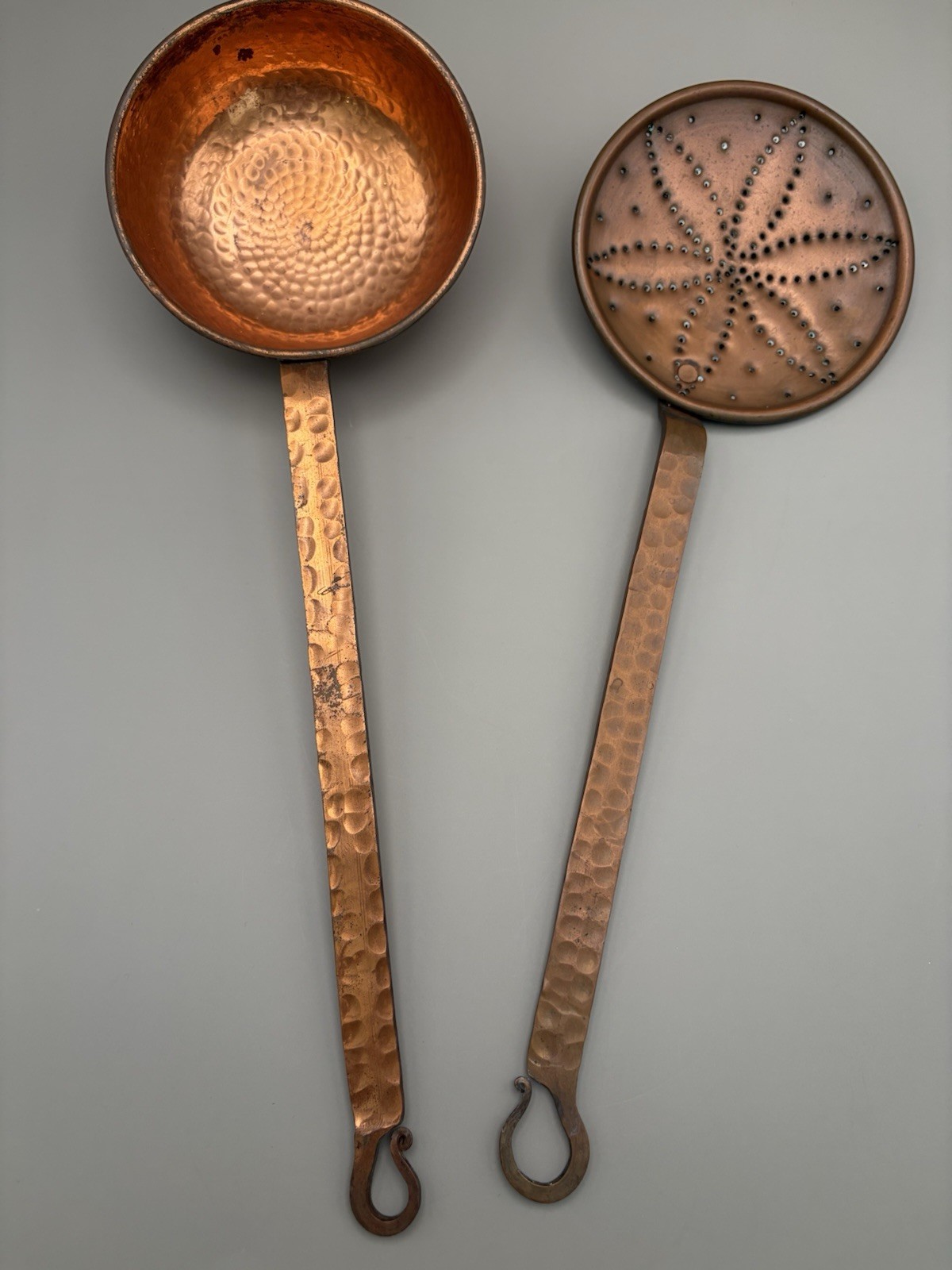 Vintage Hammered Copper Ladle & Skimmer Strainer Pair 12”