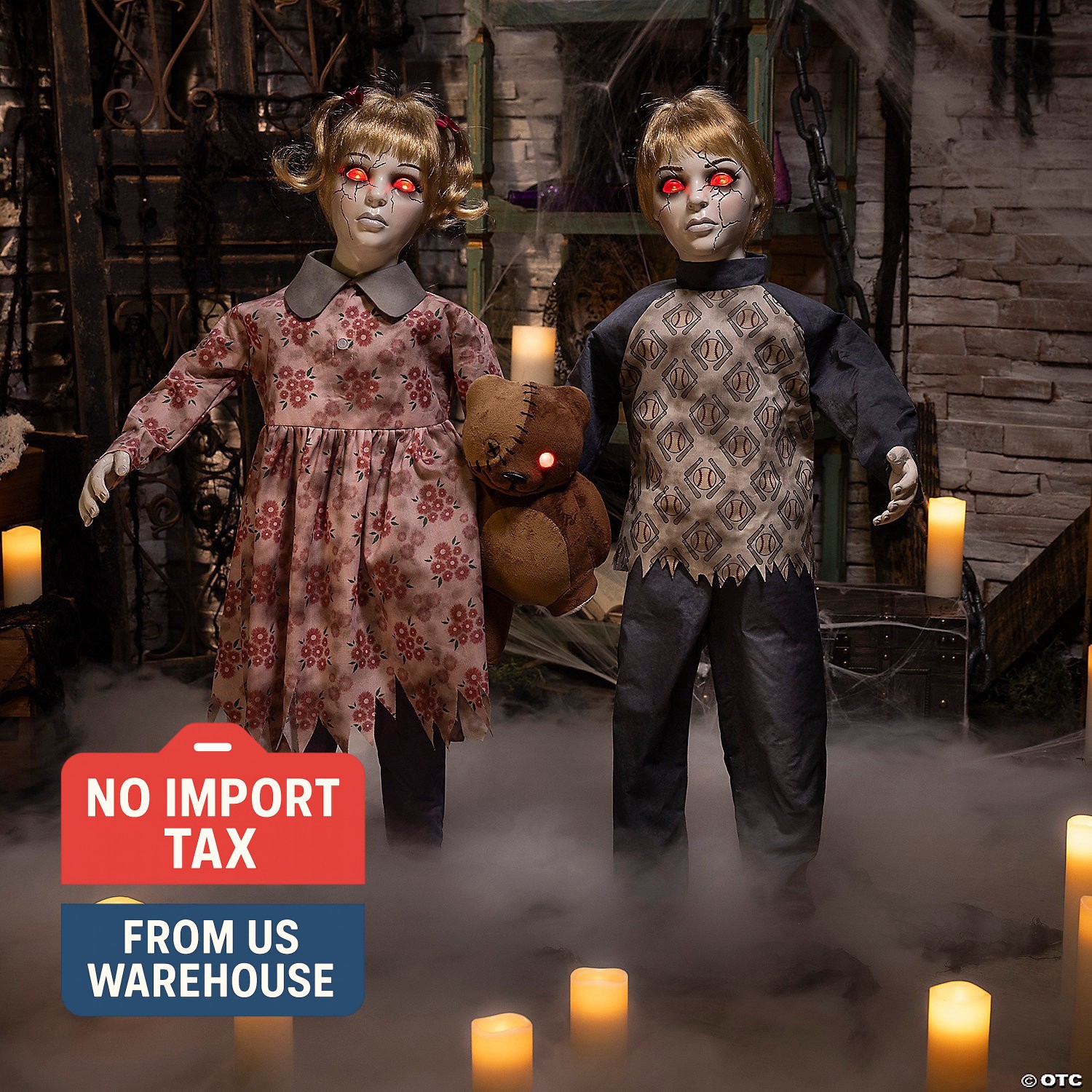 Halloween Animated 3 Ft. Light-Up Apocalypse Twins with Stuffed Bear Prop