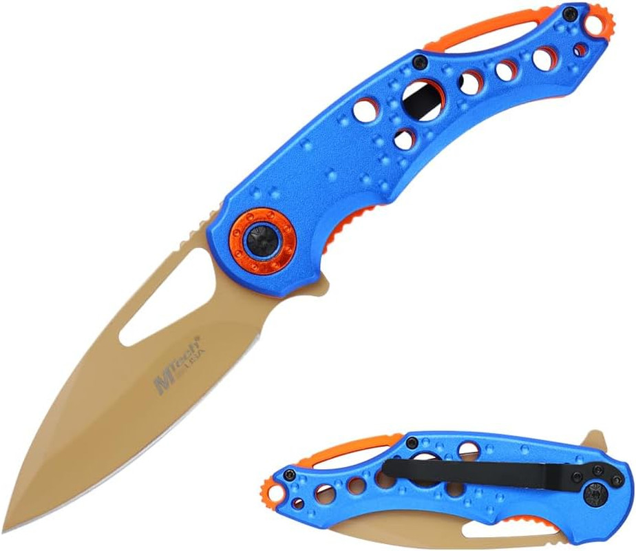 Folding Pocket Knife, 8.3 Inch Overall, Blue Aluminum Handle, Gold Drop Point Bl