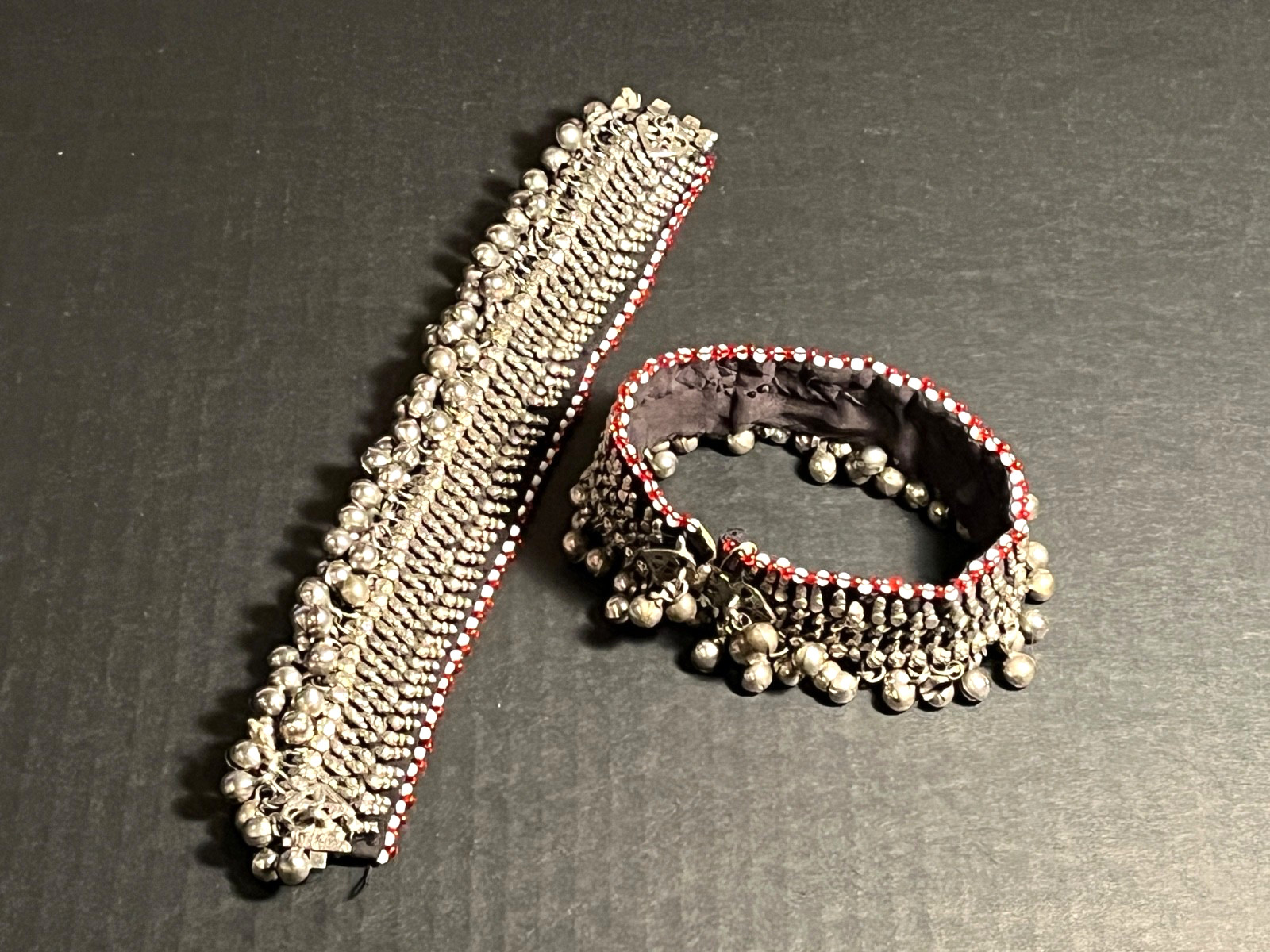 Set of Old Afghan Kochi Tribal Silver Colored Metal Beads & Bells Anklet Chains