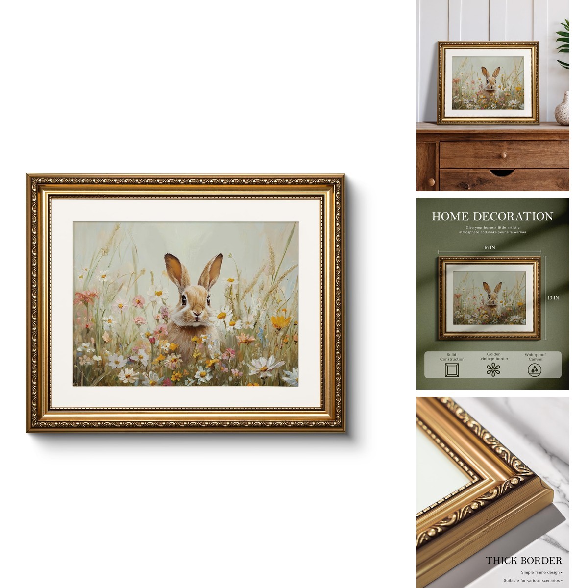 WHASAYART Vintage Gold Framed Wildflower Meadow Cute Rabbit Canvas Wall Art