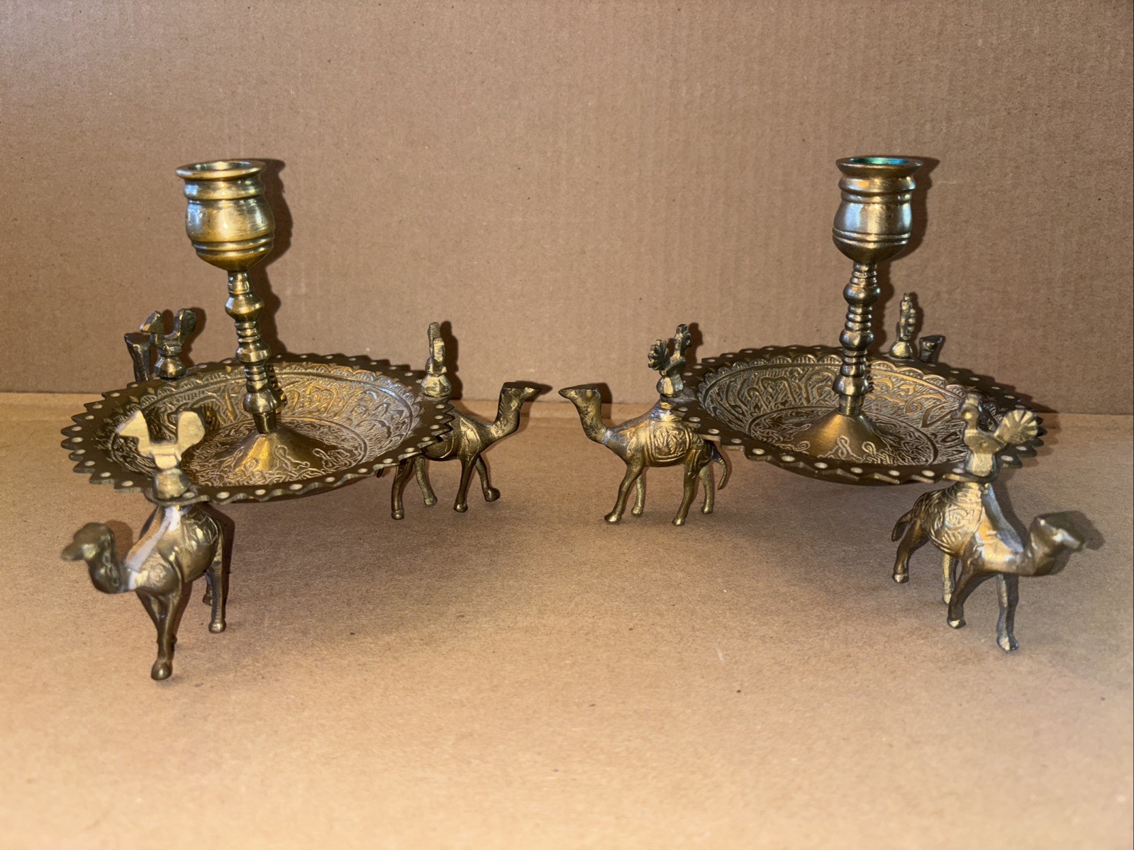 Vintage Set Of Brass Candle Holder With Camels And Birds Beautiful Set LOC BB