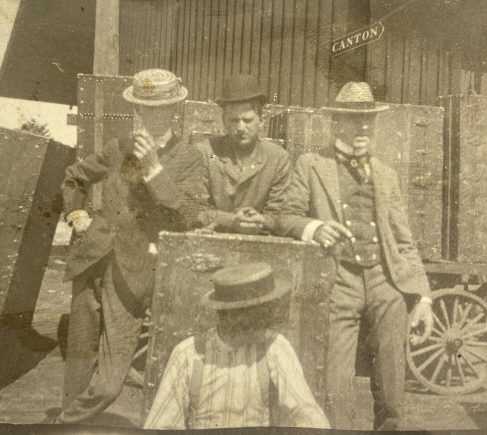 Canton NY Train Station Antique c1901 Photo of Men in Hats w/ Cargo, Luggage
