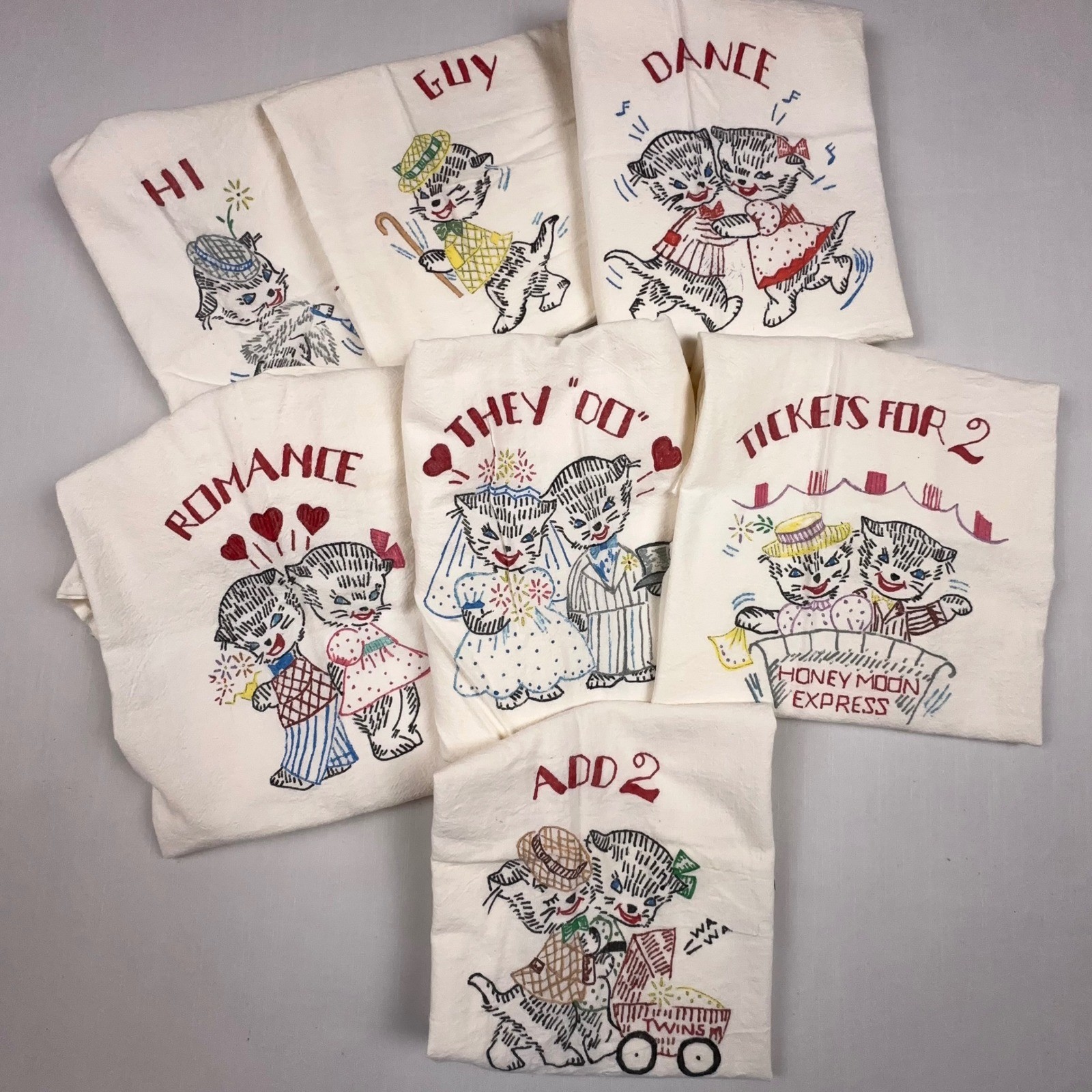 Vintage Hand Painted Flour Sack Towel Set 7pc Kitten Romance Story Series Cat