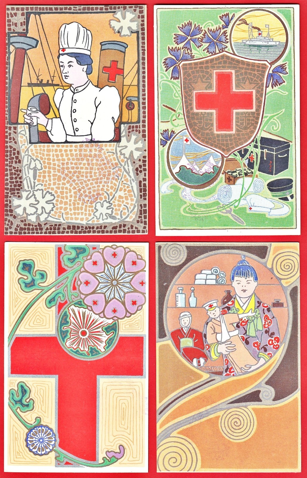 1907 JAPAN Japanese Art Nouveau 4 Postcards Red Cross Nurse Girl Soldier Doll