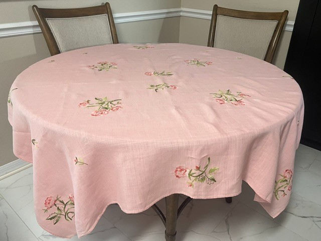 Vintage Hand Embroidered Floral 100% LINEN Square Tablecloth Pink NEW ITALY
