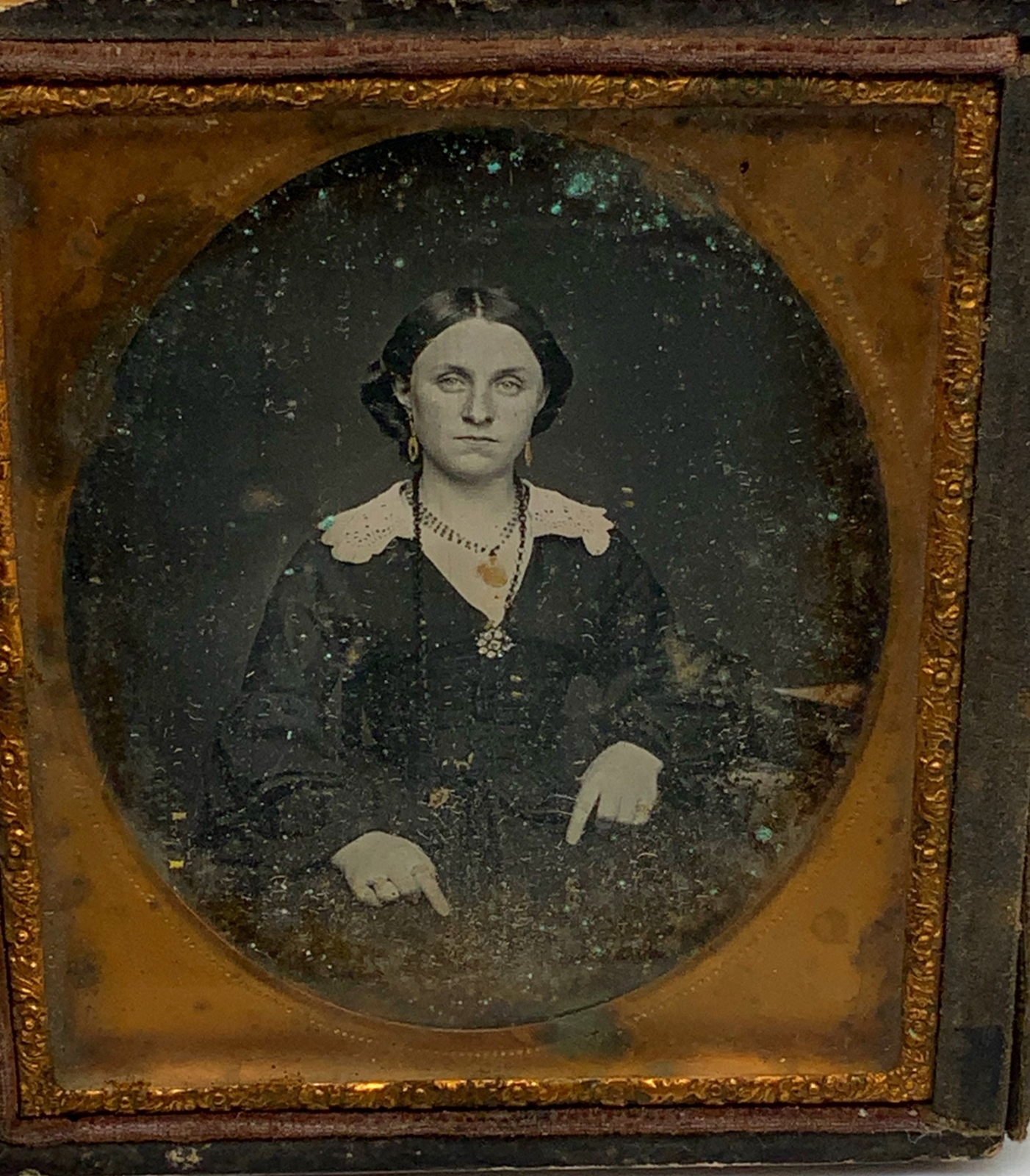 Antique 19th C  tinted Daguerreotype Of A young Woman In An Unusual Pose