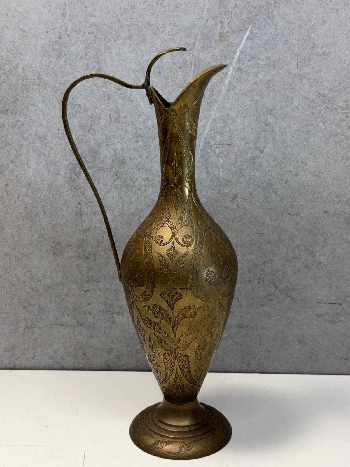 Vintage Hand Engraved Brass Ewer Pitcher Vase – Floral Persian Indian Style