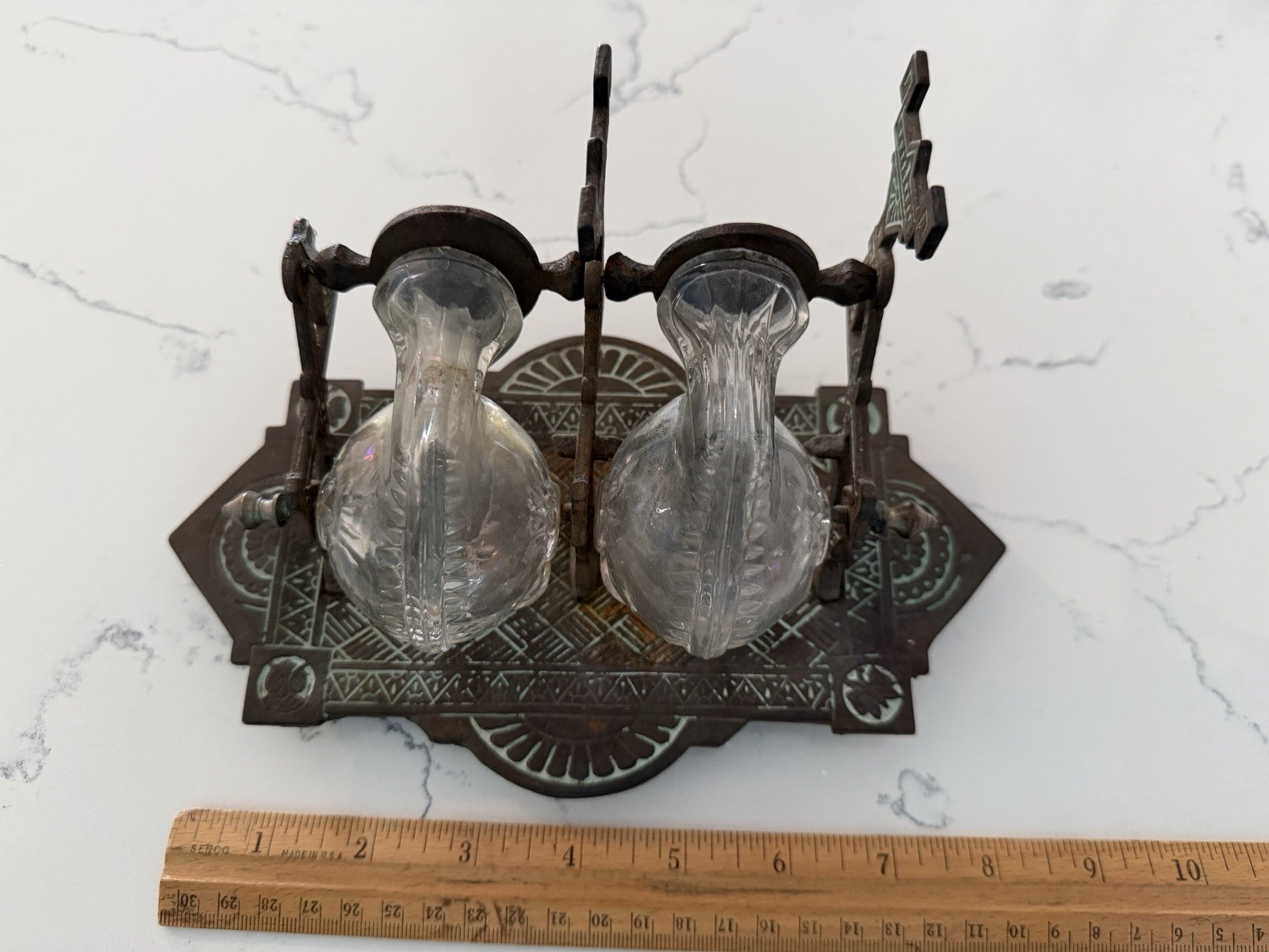 c1880 Victorian/Eastlake Double Snail Glass Cast Iron Base Tilting Inkwell
