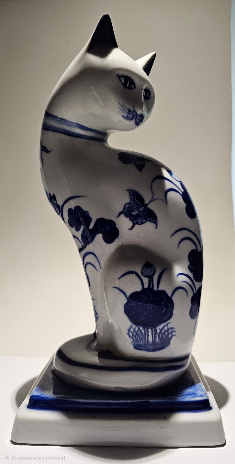 Vintage 1970's numbered Thai blue and white porcelain cat figurine-Hand painted