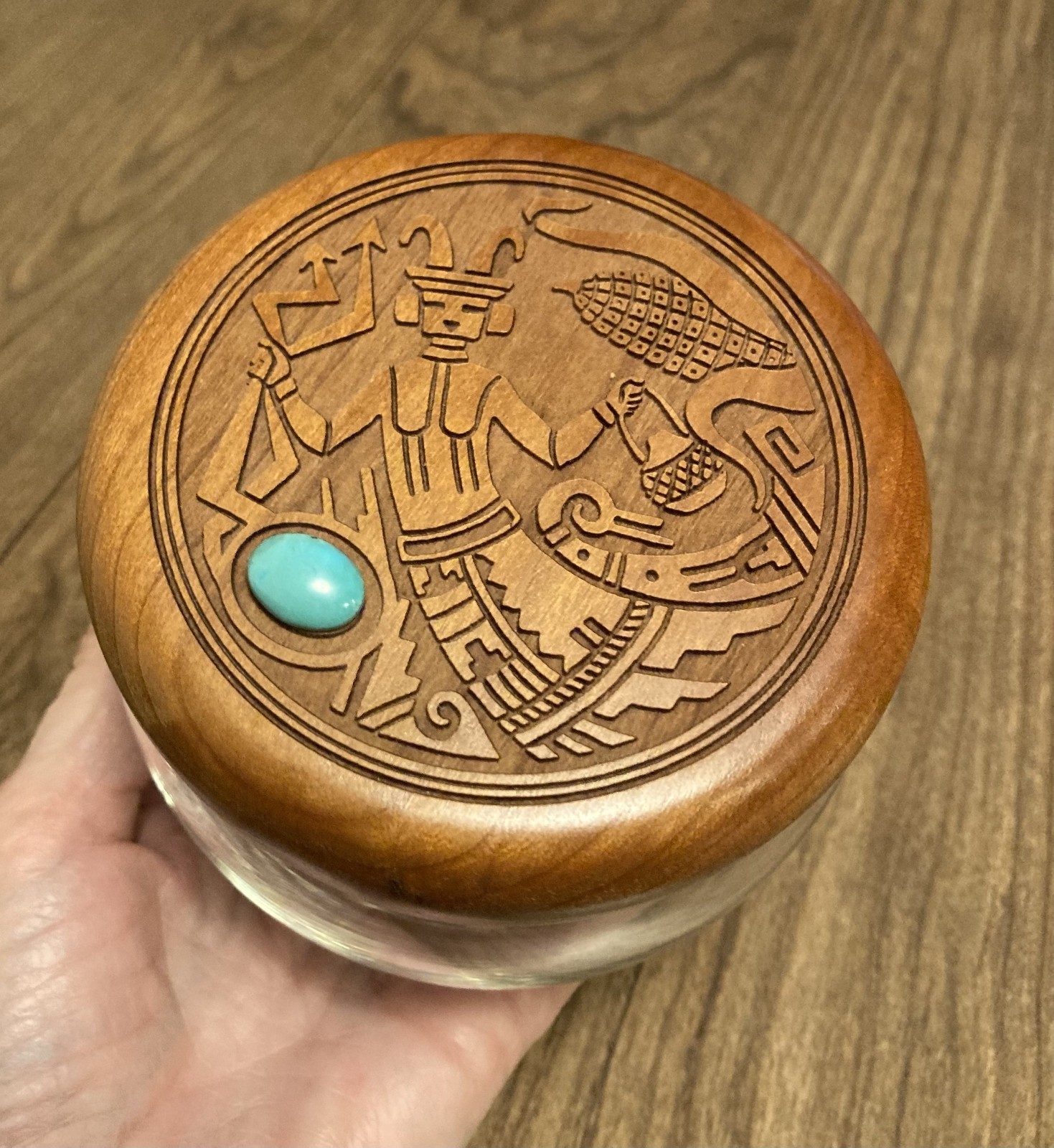 Native American Hopi Corn Maiden Art Wood Lid ~ Turquoise Stone Clear Glass Jar