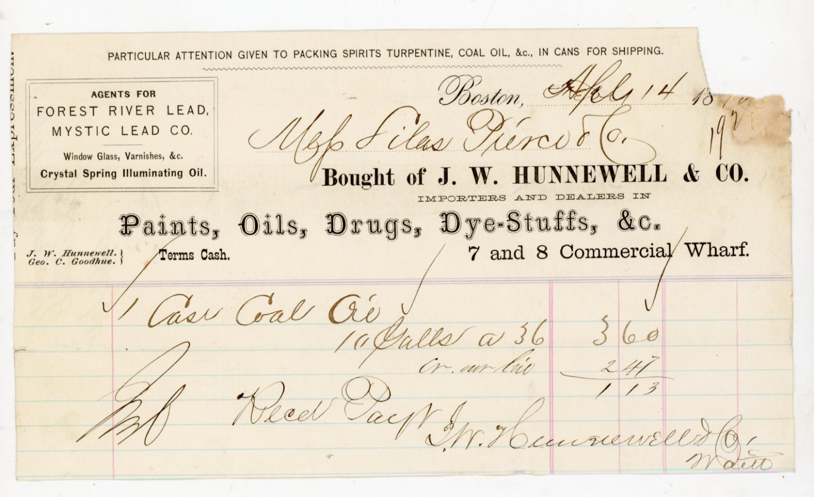 1870s J.W. Hunnewell & Co Commercial Wharf Boston Coal Oil Receipt Mystic Lead