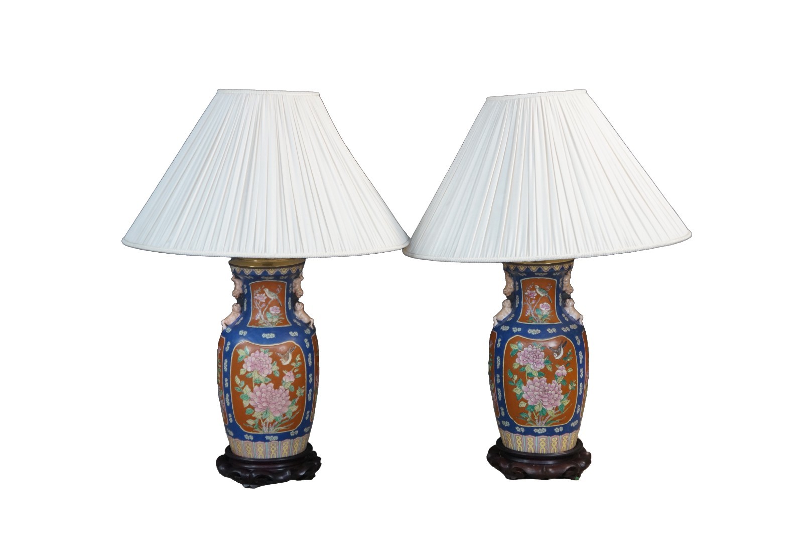 2 Vintage Chinese Export Polychrome Porcelain Ginger Jar Buffet Table Lamps Pair