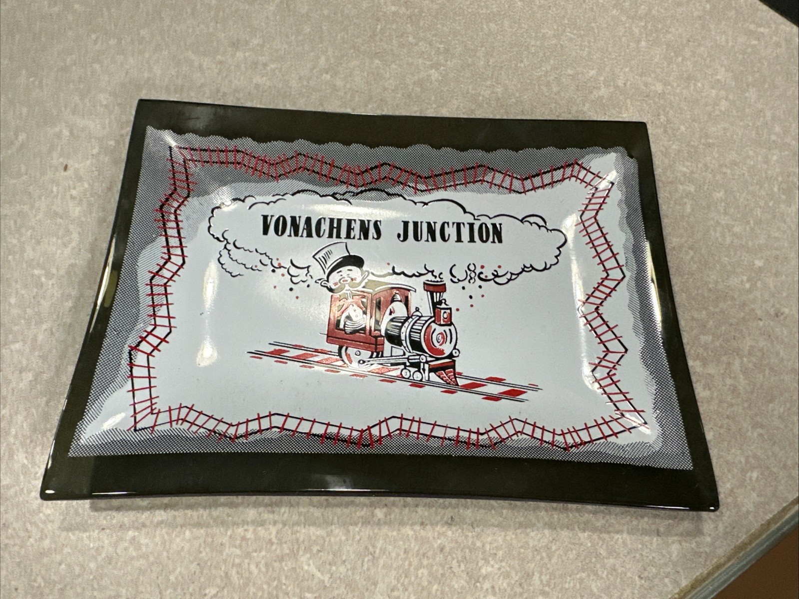 Vtg VONACHENS JUNCTION Restaurant Peoria Ilinois Railroad Glass Tip Tray Ashtray