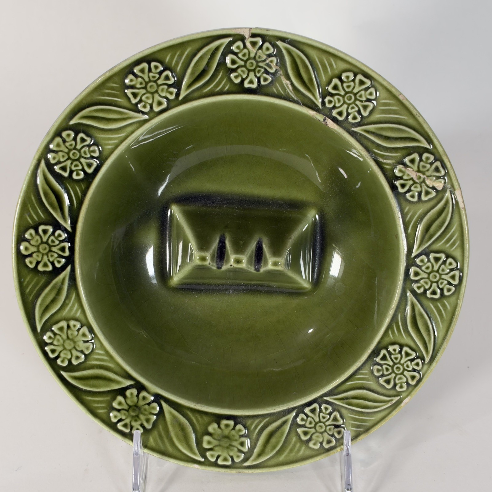 Vintage USA Pottery 3655 Green Floral Ashtray Mid Century Retro MCM Decor