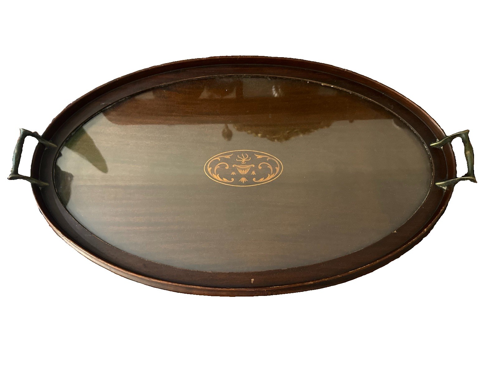 English George III Mahogany Gallery and Inlay Serving Tray With Brass Handles