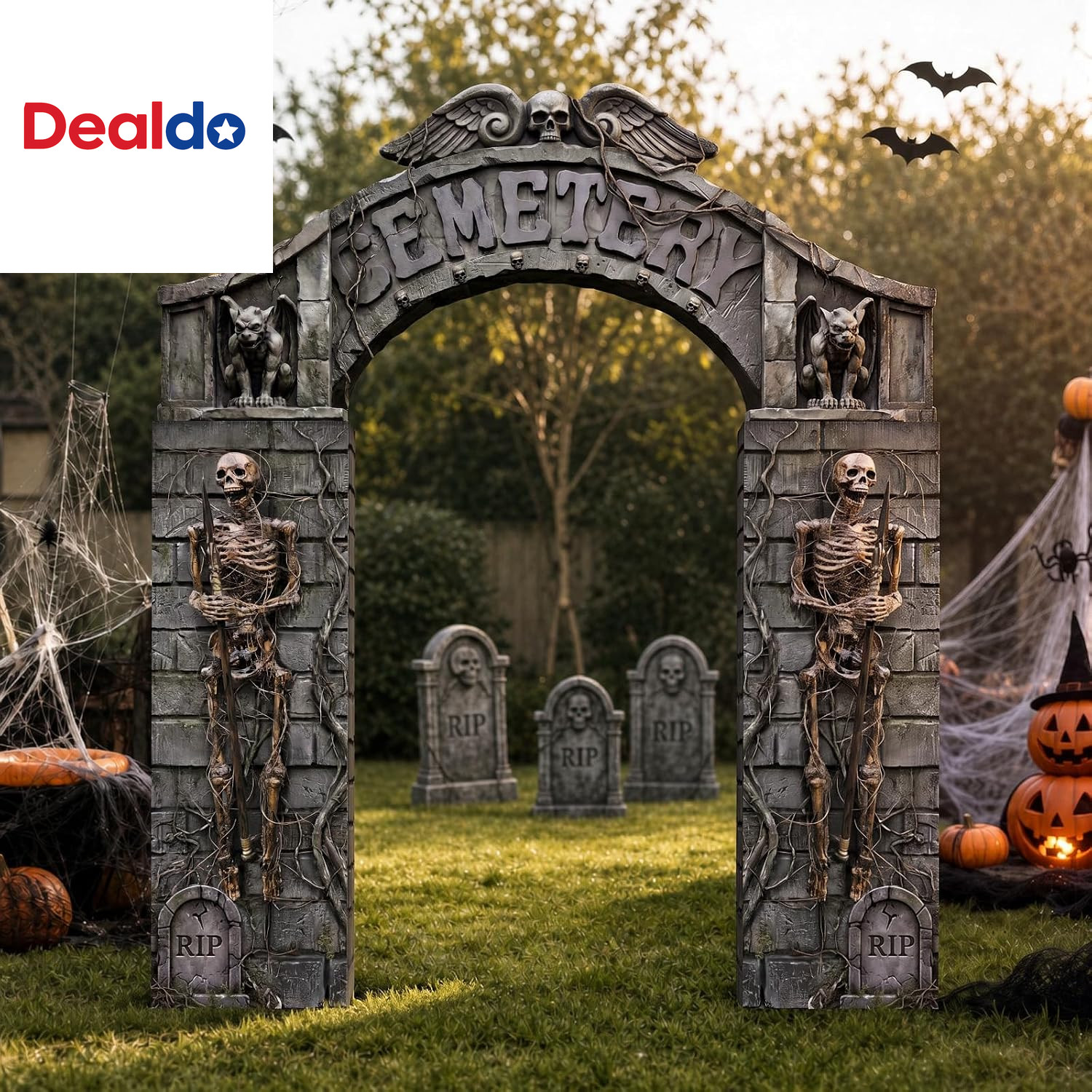 7 Piece Halloween Cemetery Archway Tombstone Skeleton Set