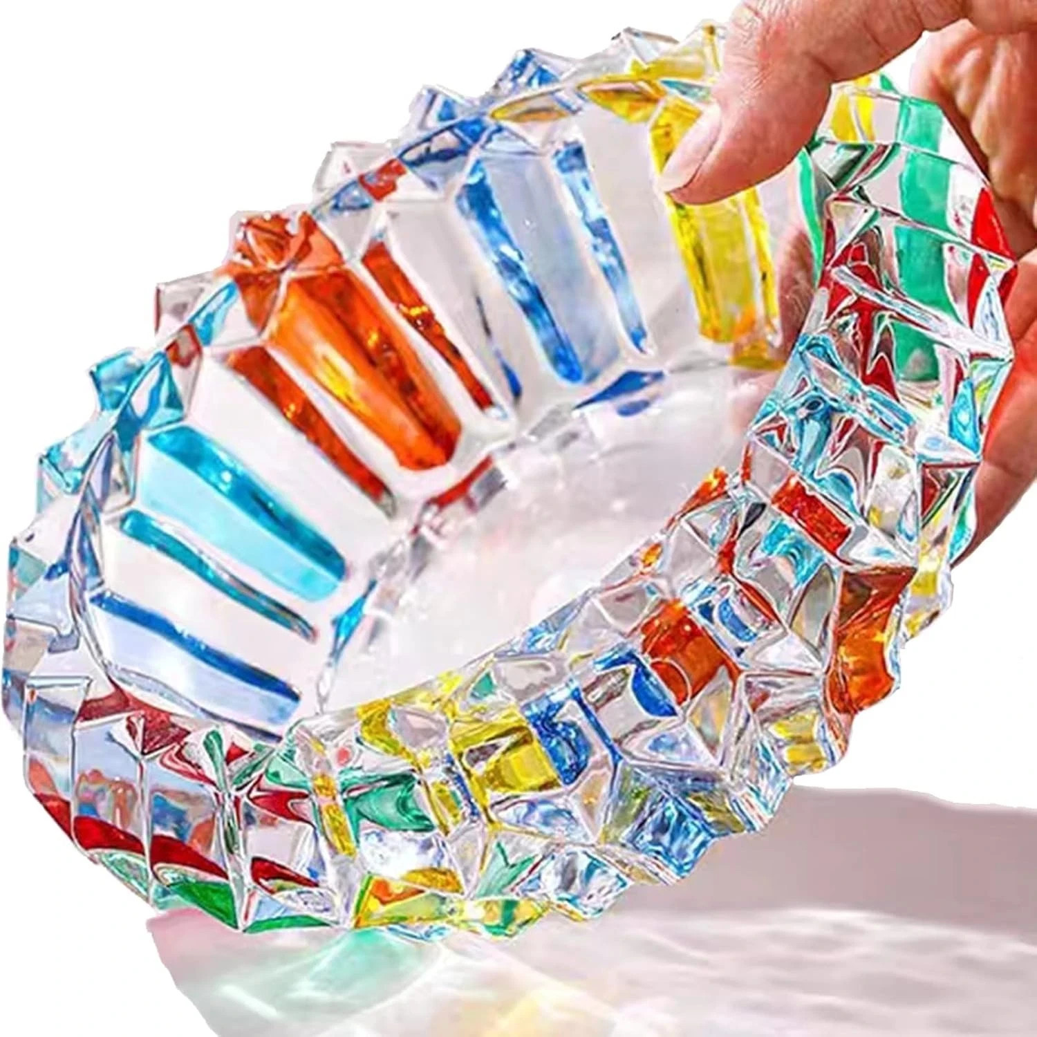 Colorful Vintage Cigar Ashtray Cut Crystal Glass Tobacciana Heavy Cut Art Round