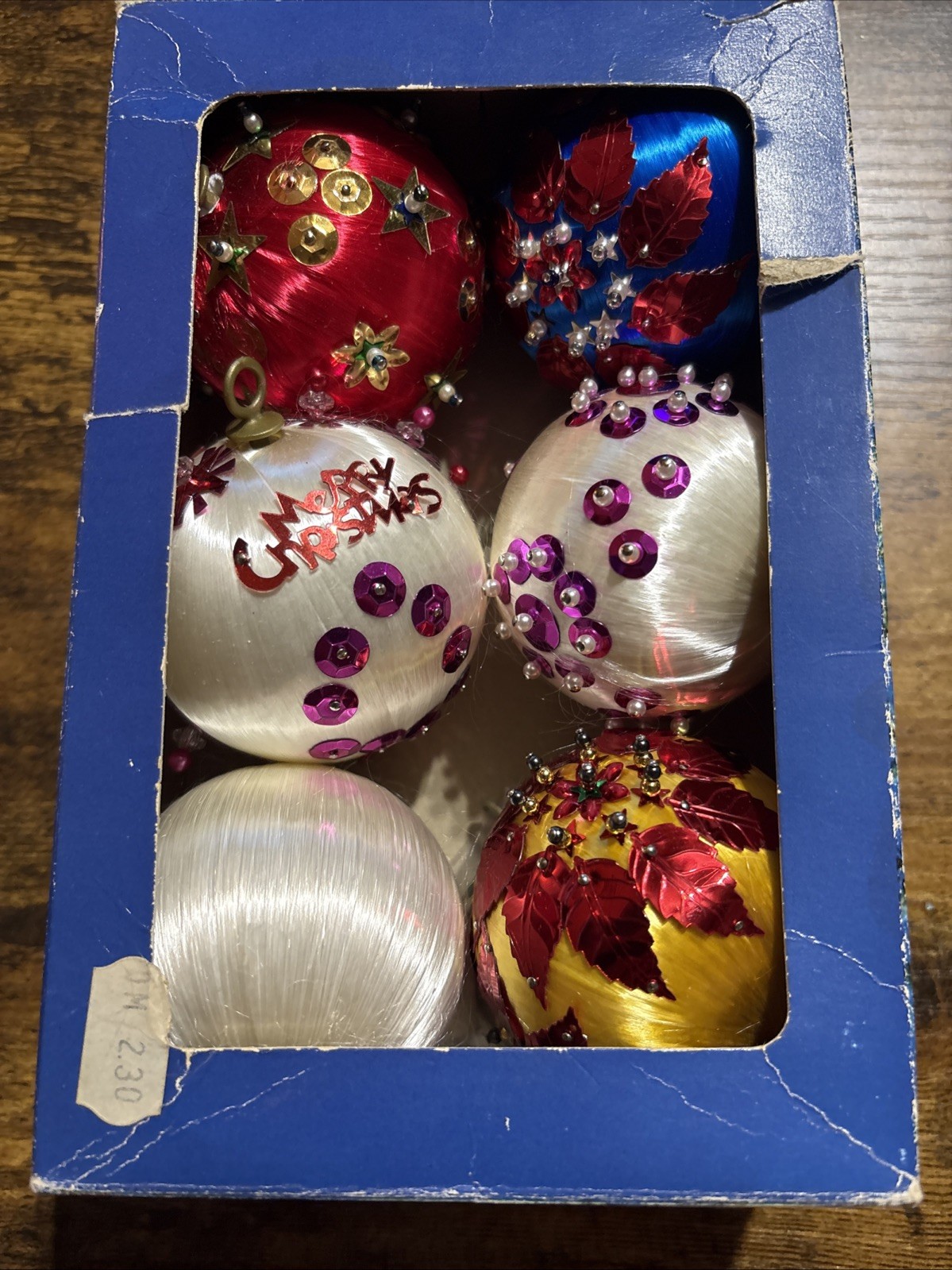 6 Vintage Beaded Pin Sequins & Pearl Christmas Ornaments Lot In Box