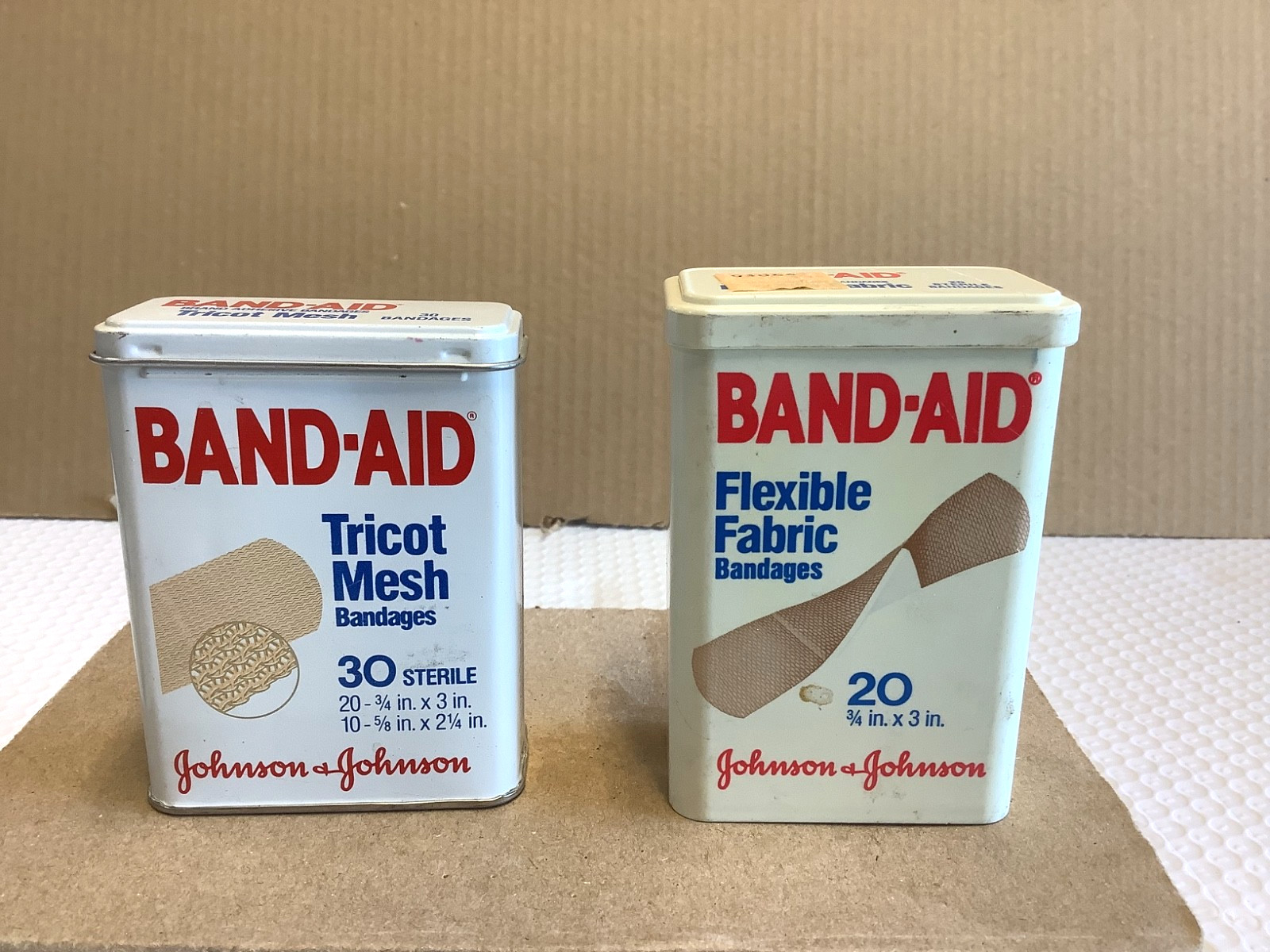 VINTAGE JOHNSON & JOHNSON METAL BAND-AID BOX (2) EMPTY  TIN/PLASTIC
