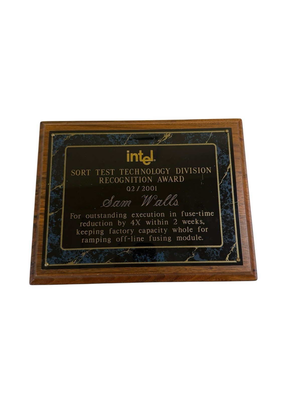 Vintage Intel Recognition Award Plaque – Sort Test Technology Division – Q2 2001