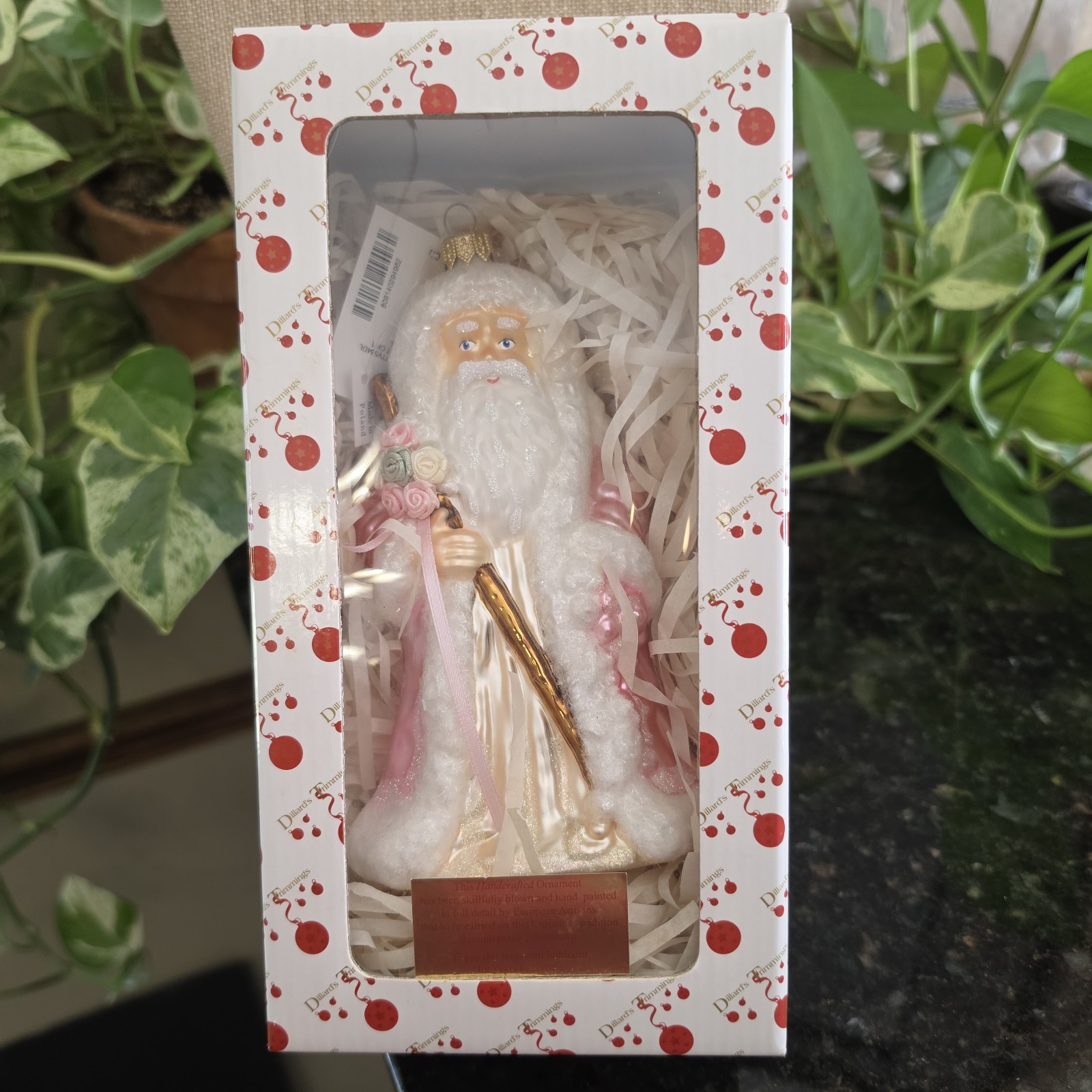 Vtg Dillard\'s Trimmings Handcrafted Hand Blown Santa Pink Roses Ornament 6\