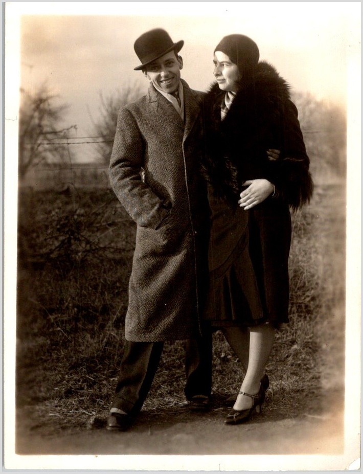 1920s-30s Couple in Winter Landscape - Bowler Hat & Fur Collar Photograph