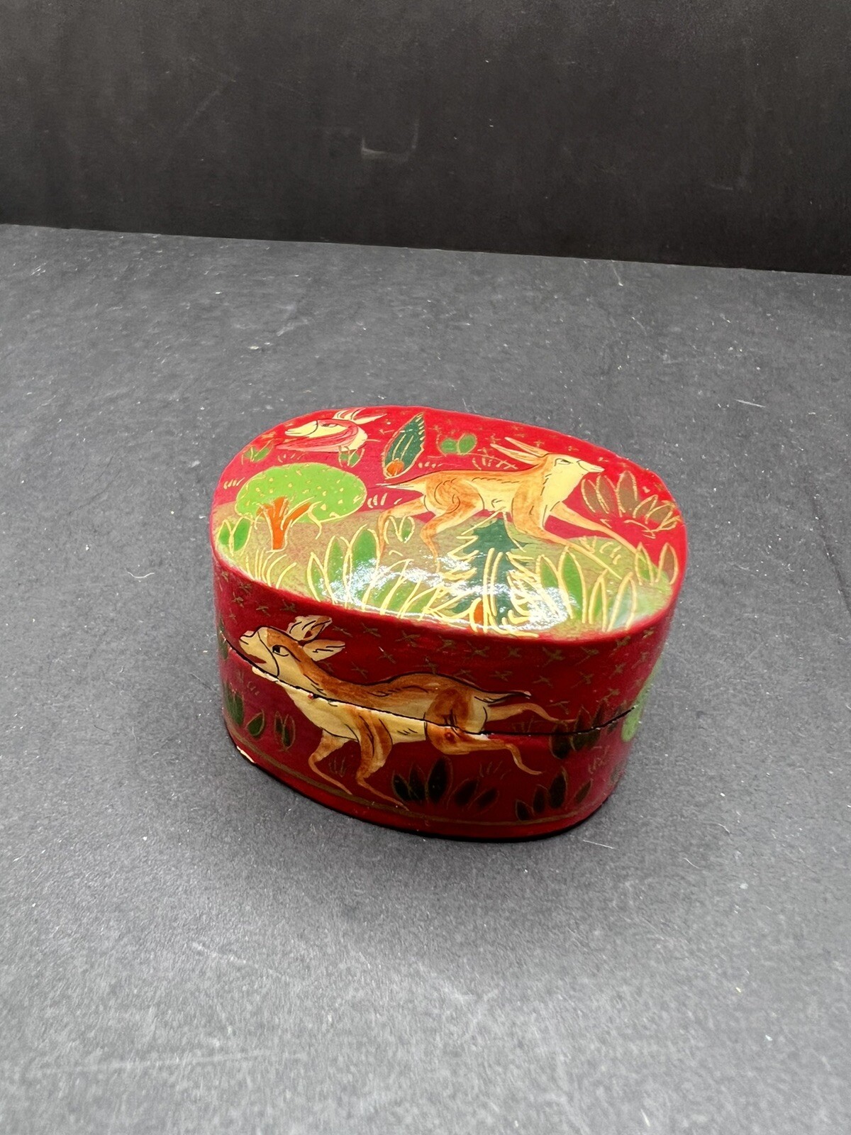 Vintage Hand Painted Lacquered Box Trinket Box Deer Animals Scene Red Kashmir