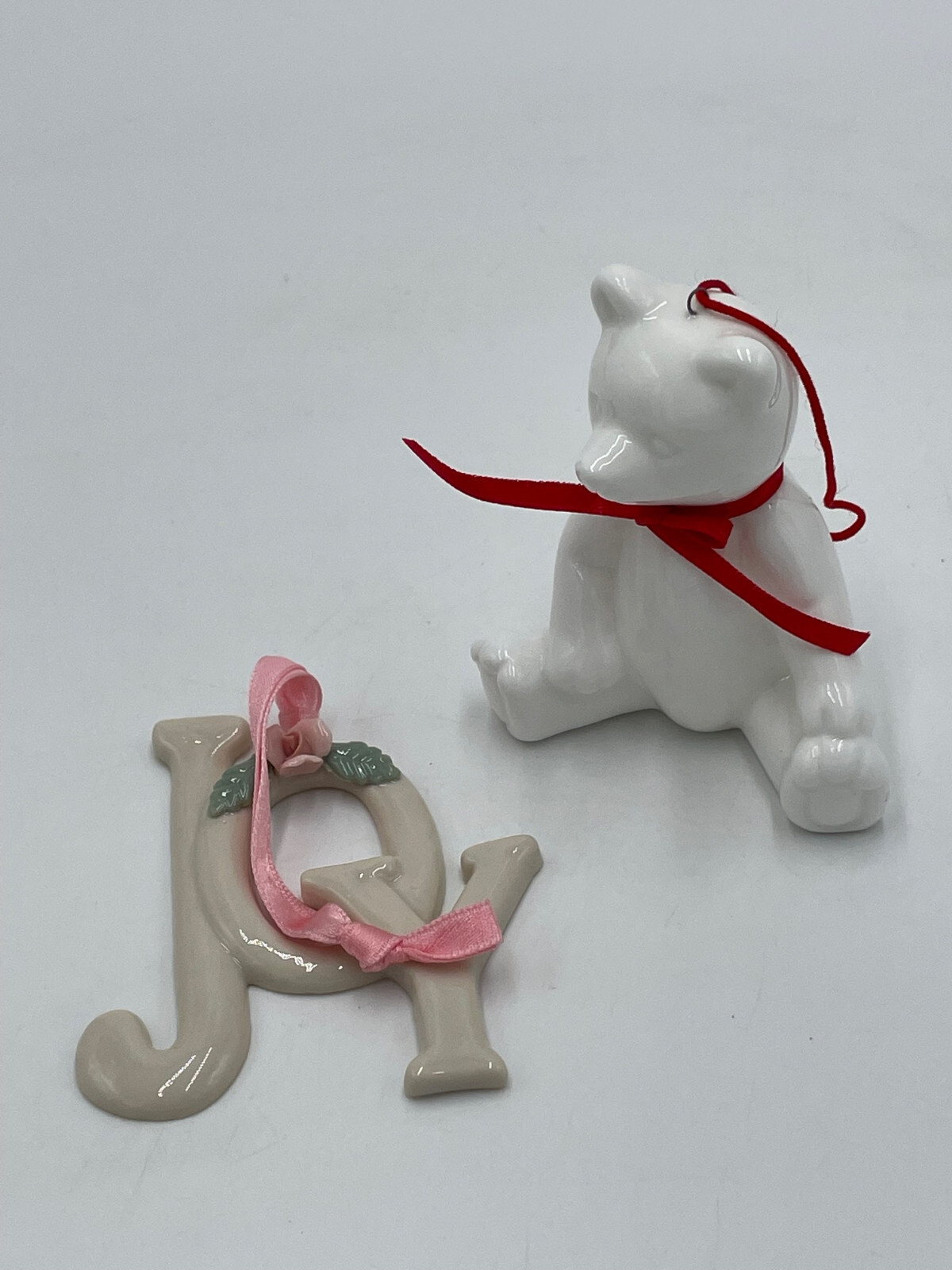 2 Vintage Christmas Ornament Fine Bone China Dept 56 White Bear Vail 1986 & JOY
