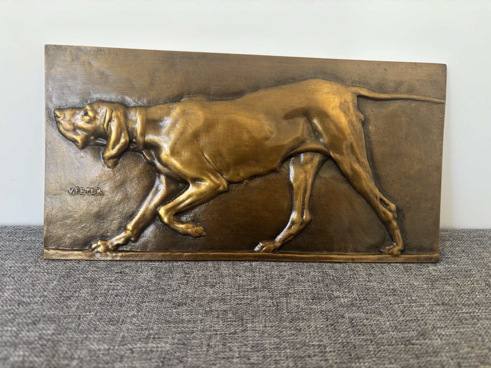 Vintage Victor Peter Stamped French Bronze Pointer Dog Plaque - LARGE