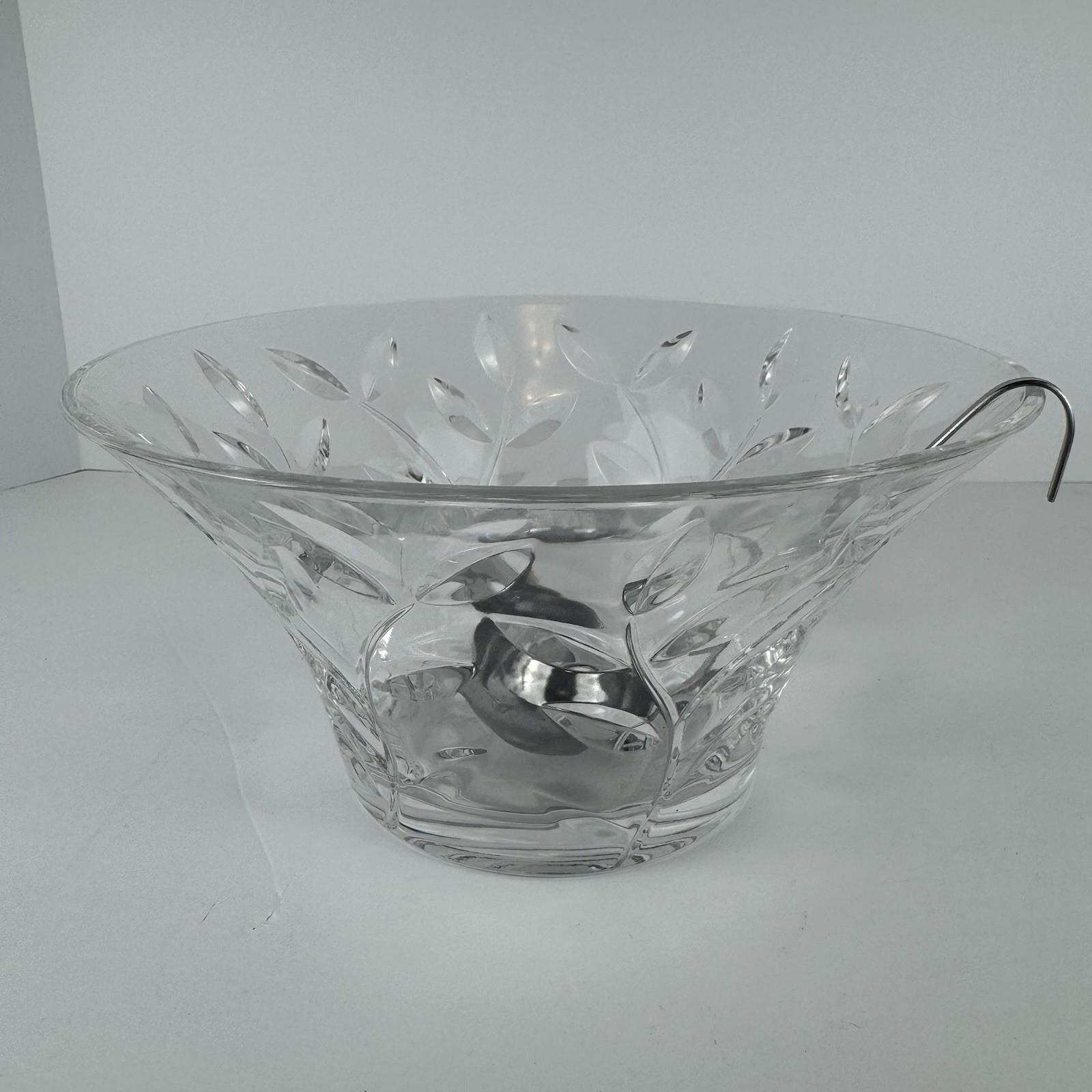 Vintage Leaf Etched Clear Glass Punch Bowl 13” w/ Stainless Ladle Party Decor