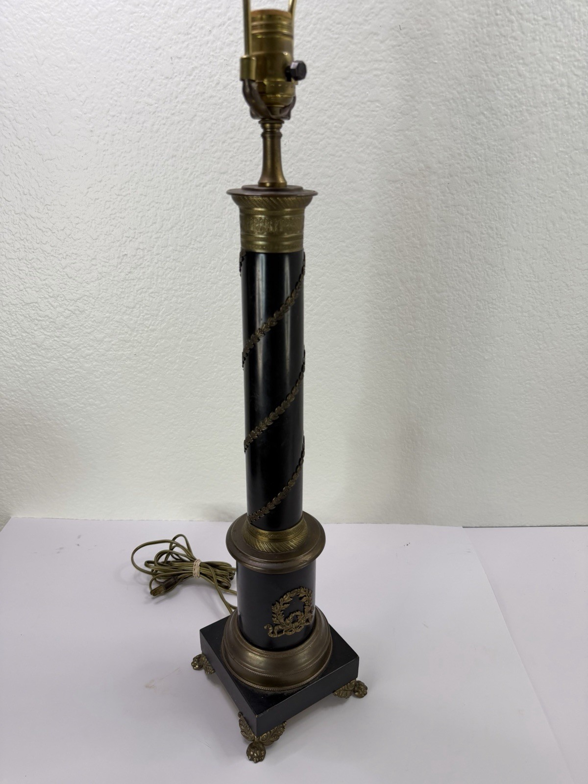 Vintage French Empire Table Lamp Black Brass Column Hollywood Regency Paw Feet 