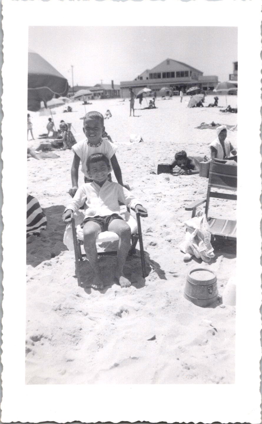Vintage 1950s Snapshot Photo Two Boys on Beach Black & White Deckled Edge