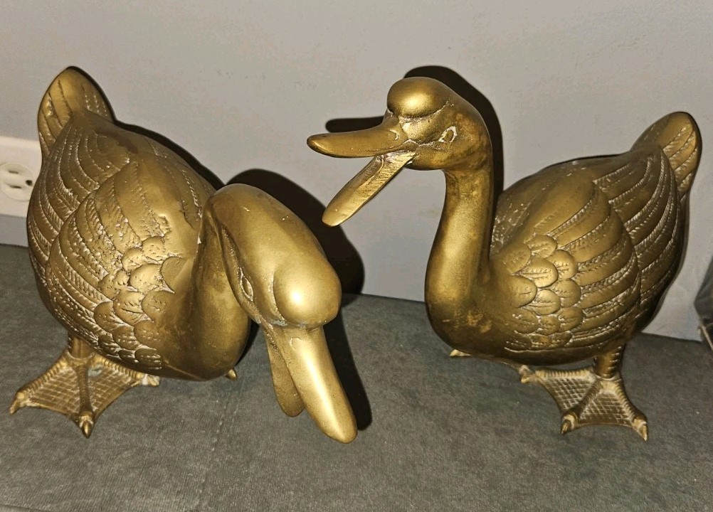 Vintage Solid Brass Honking Geese  Ducks Pair Figures Standing  MCM