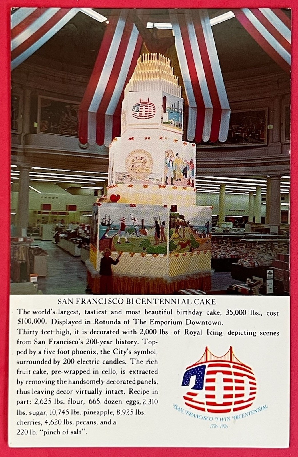 World\'s Largest Tastiest Birthday Cake. San Francisco Bicentennial.Postcard 1976
