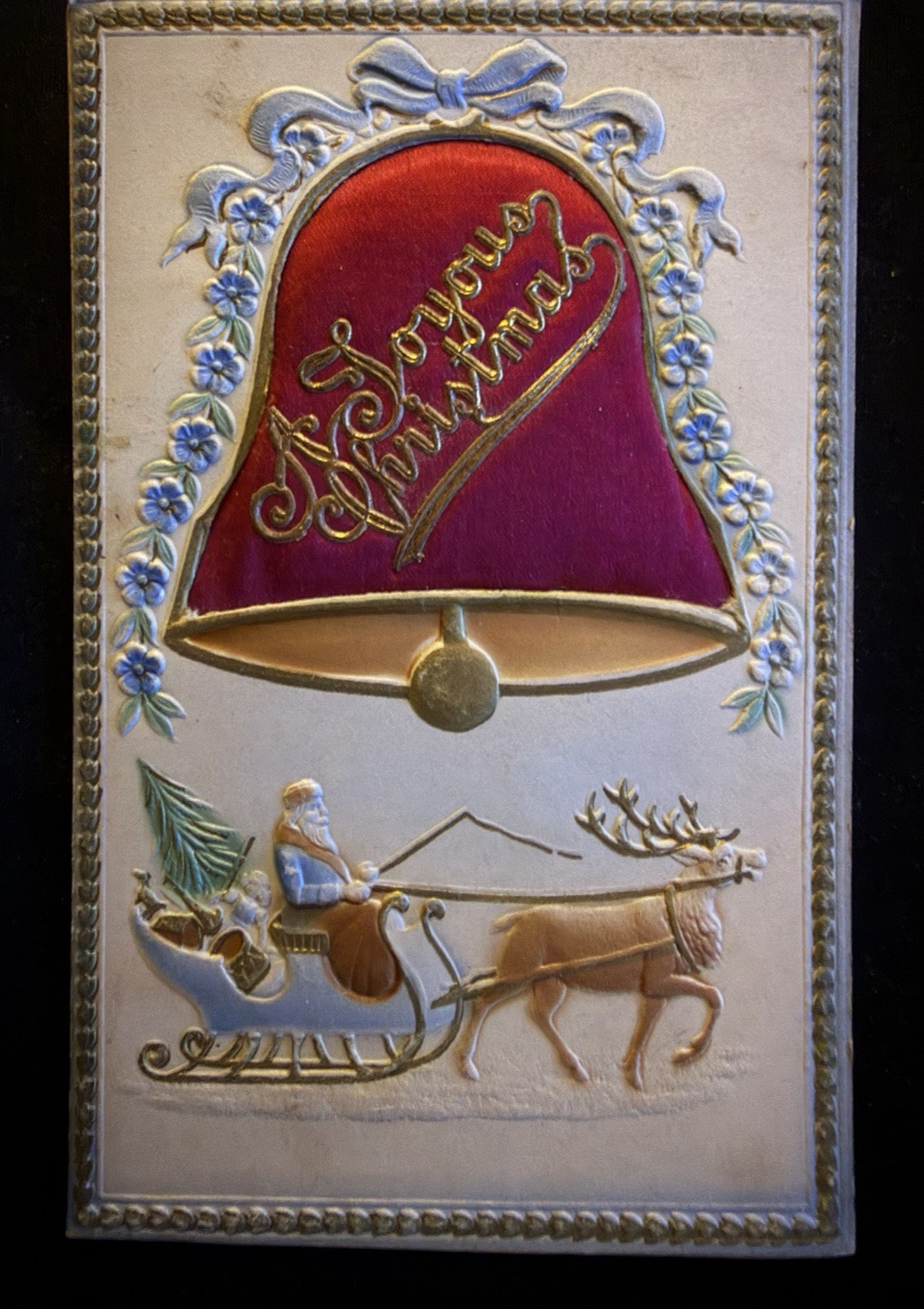 SANTA CLAUS with Red SILK SATIN PUFFY~Bell~Metal~Novelty Christmas Postcard~s734