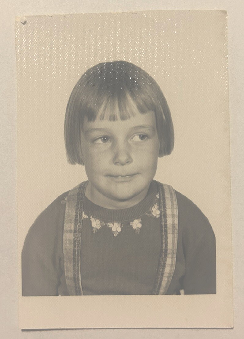 VTG B&W Snapshot Photo Pretty Young Girl School Portrait Bad Bob Haircut
