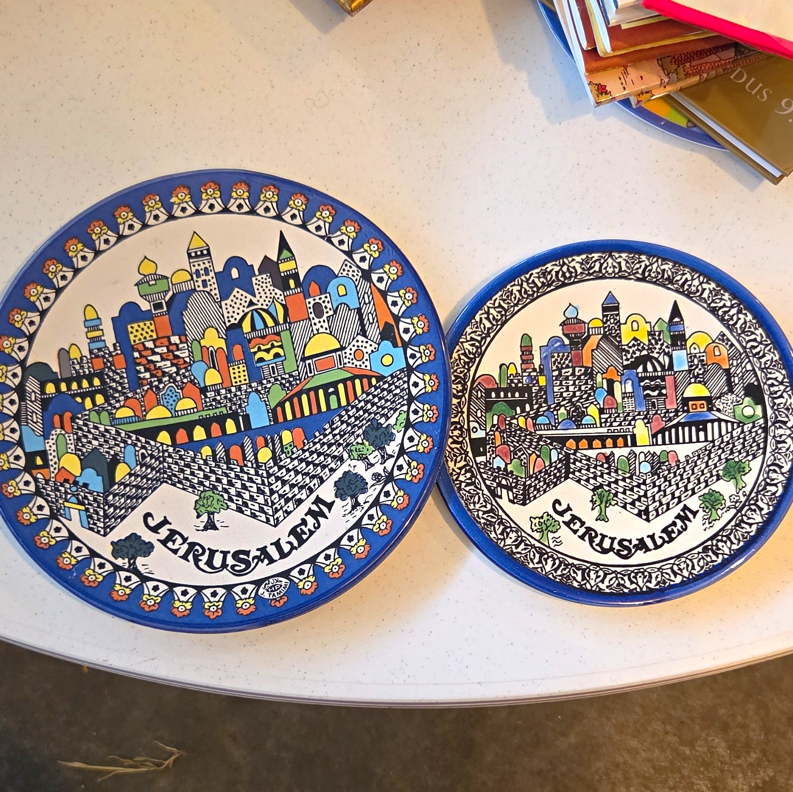 2pc Vtg Armenian Jerusalem Walls Old City View Ceramic Wall Hanging Plate Blue