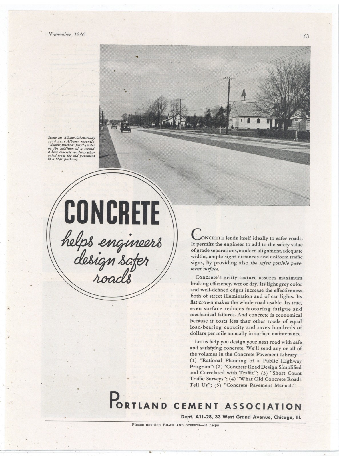 1936 Portland Cement Ad: Albany Schenectady Road Near Albany Scene w. Church