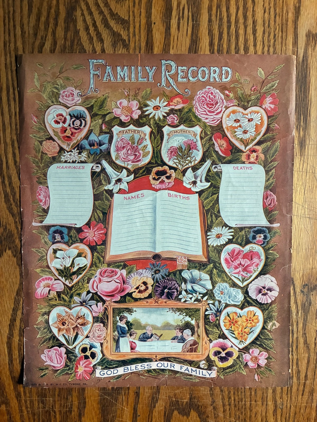 Antique 1925 Family Record Chromolithograph Tyrone PA Unfilled