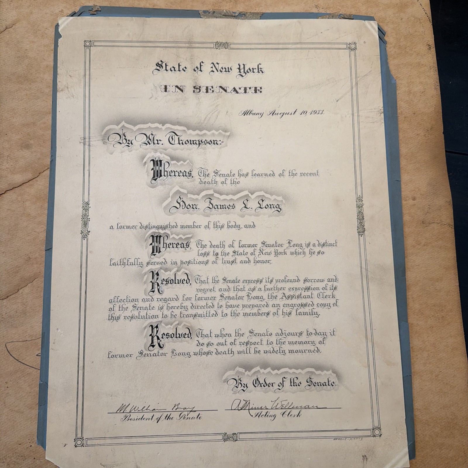 1933 Official New York State Senate Memorial Resolution 