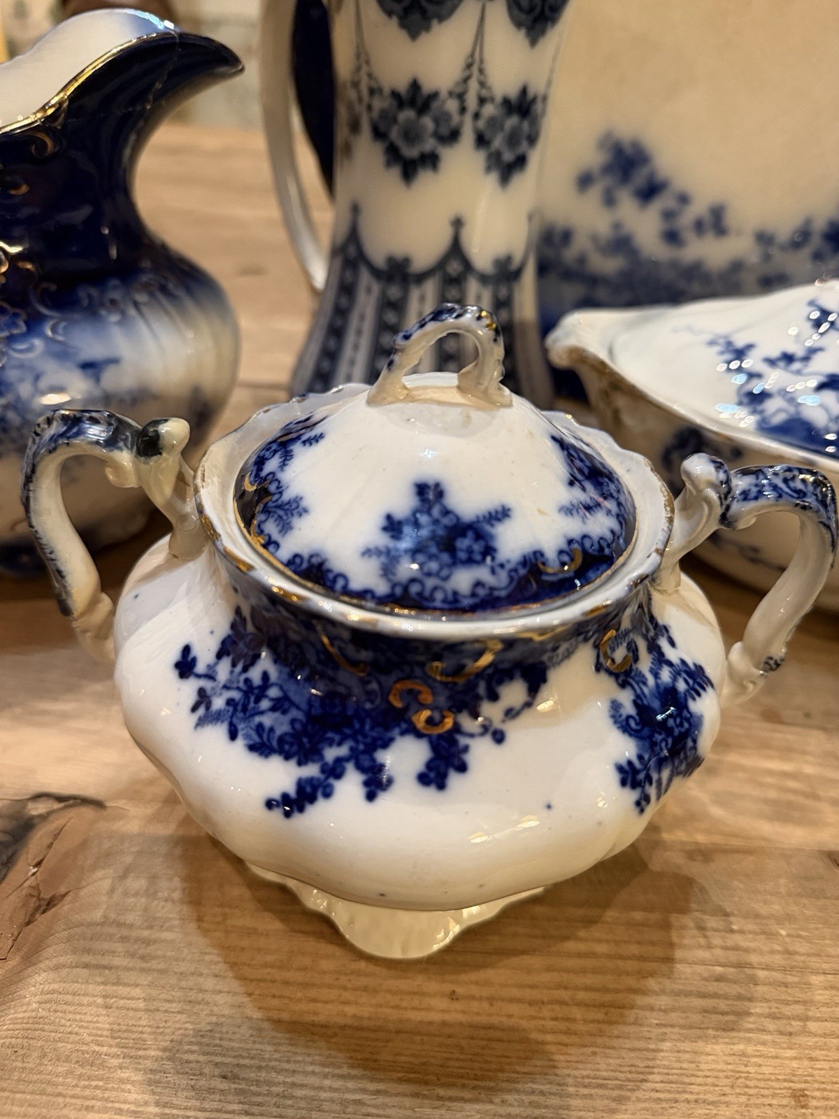 Antique Thomas Till & Sons Flow Blue Covered Sugar Bowl Victorian Cobalt Floral