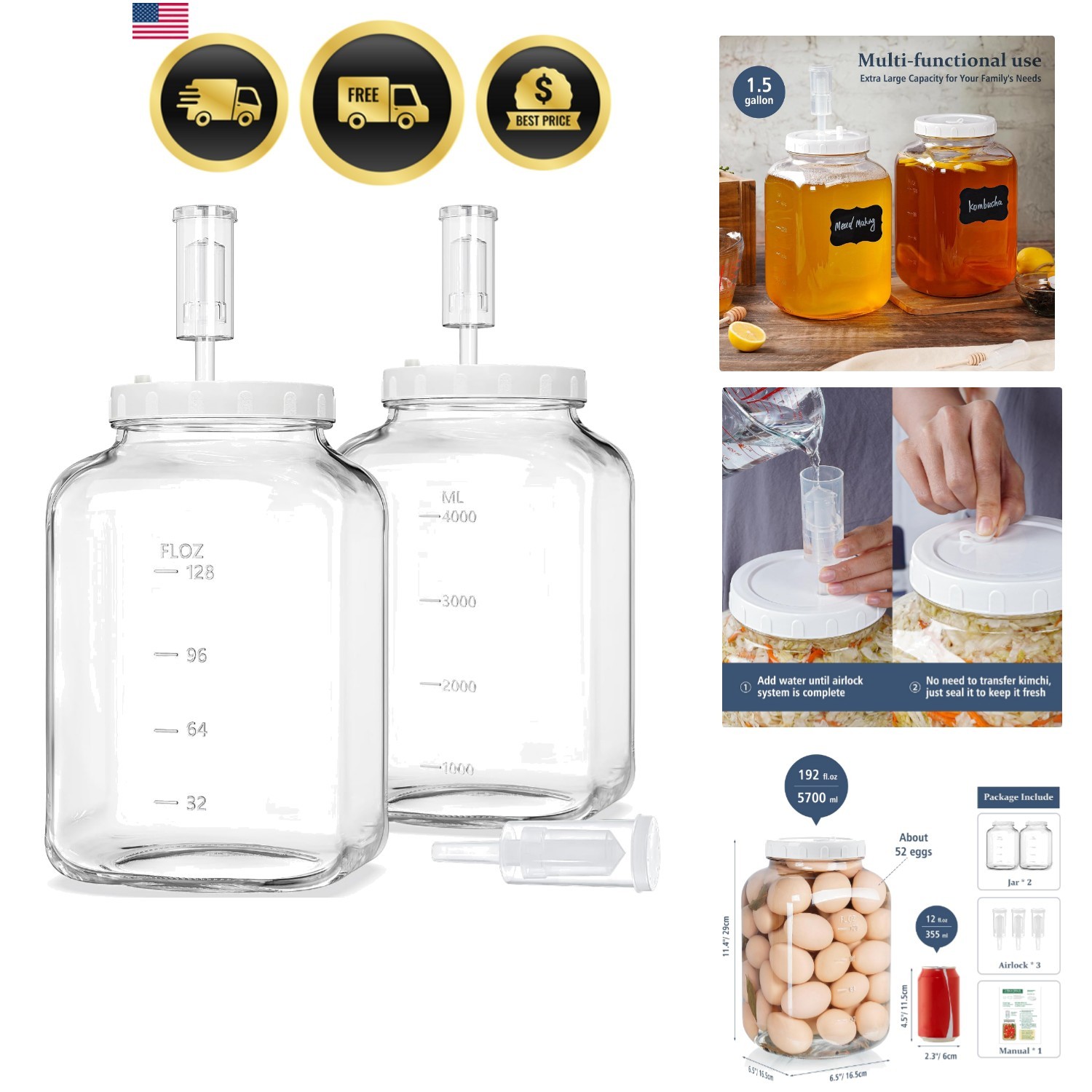 1.5 Gallon Large Fermentation Jars, Wide Mouth Glass Mason Jar