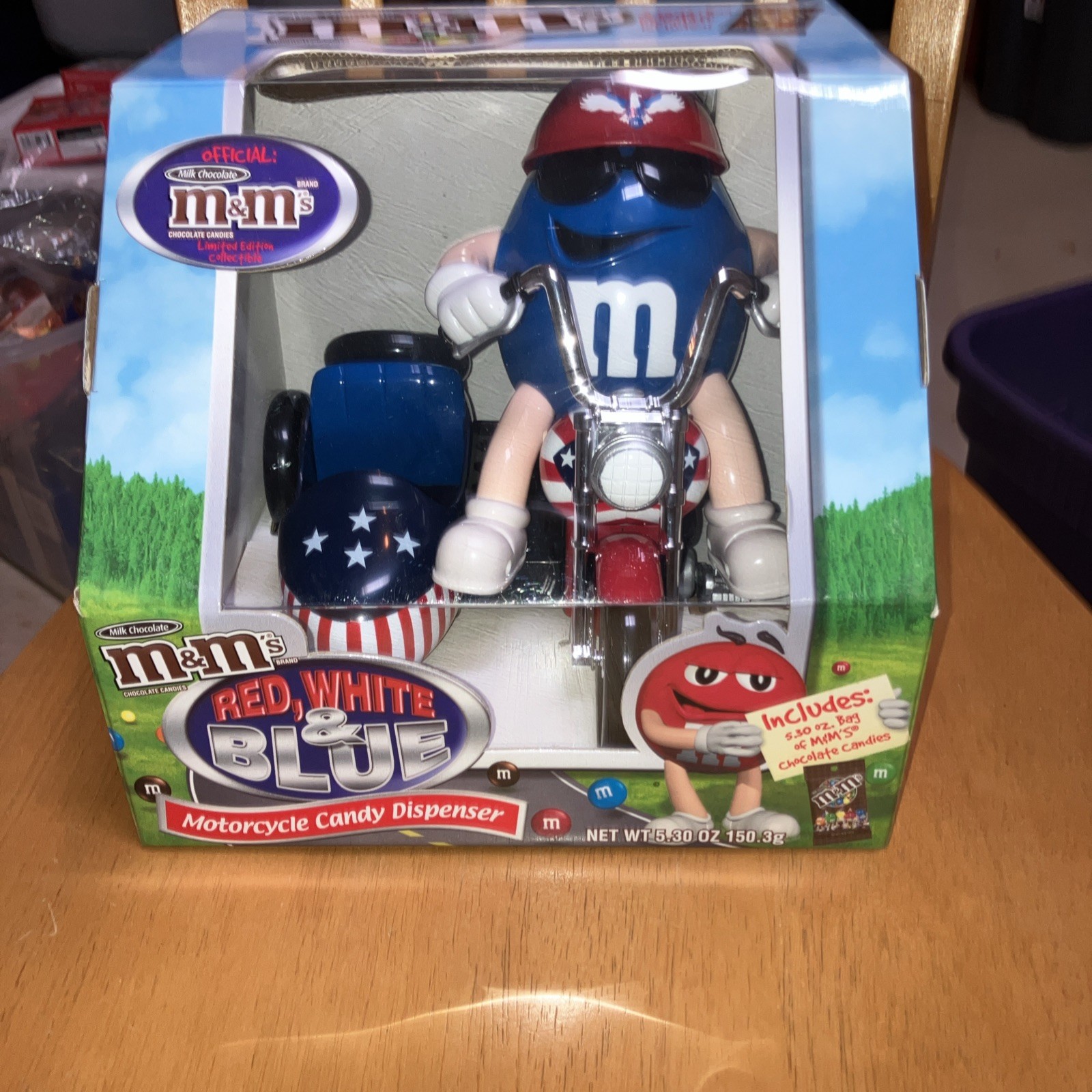 M&M\'s Vintage 90’s Candy Dispenser Red White & Blue Motorcycle New In Box