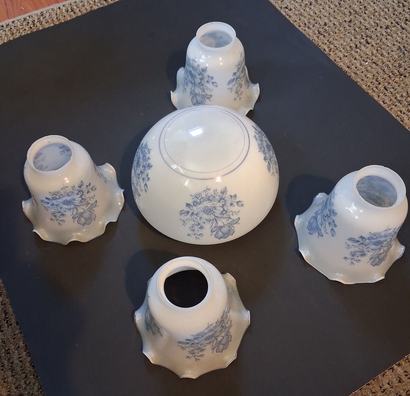 Vtg Blue Floral Frosted Ceiling Light Lamp Shades. Ruffled Set of 4 Plus Main