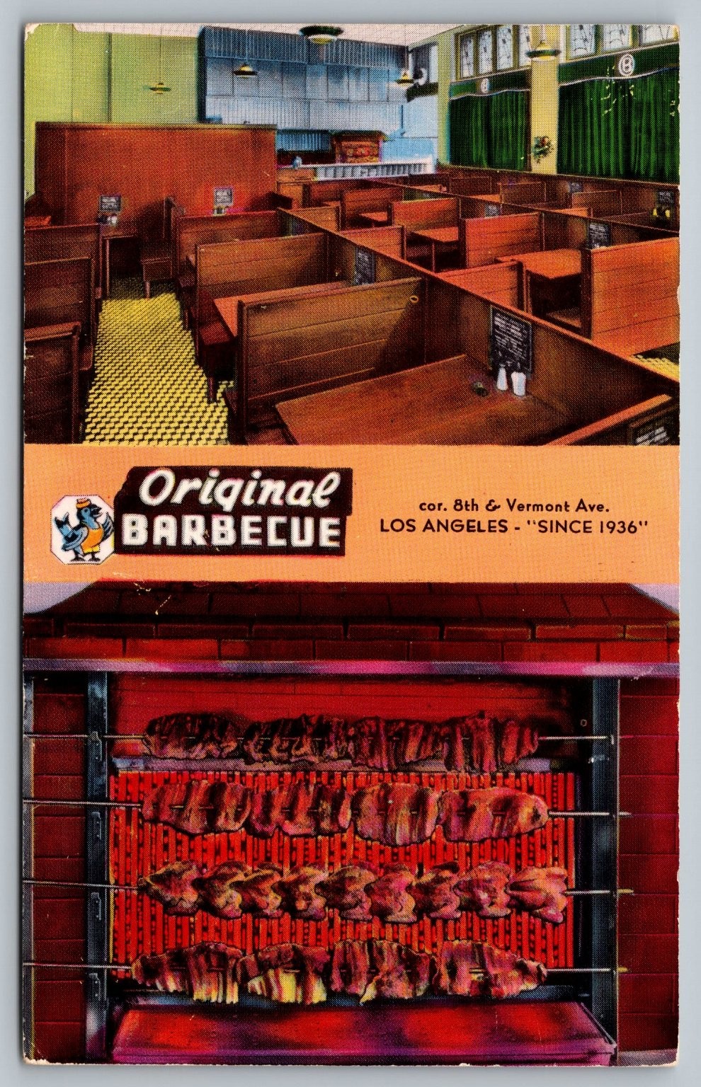 Original Barbecue Los Angeles CA Restaurant Postcard 8th Vermont Ave BBQ Interio