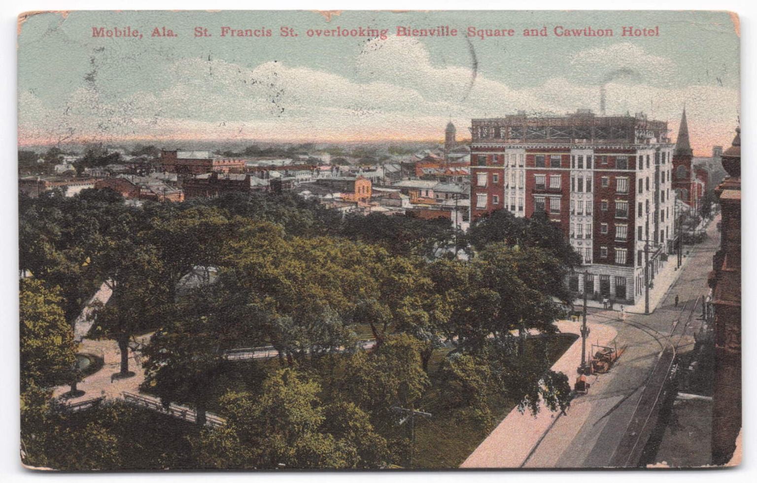 VTG 1908 Mobile, Alabama St. Francis St. Bienville Square Cawthon Hotel Postcard
